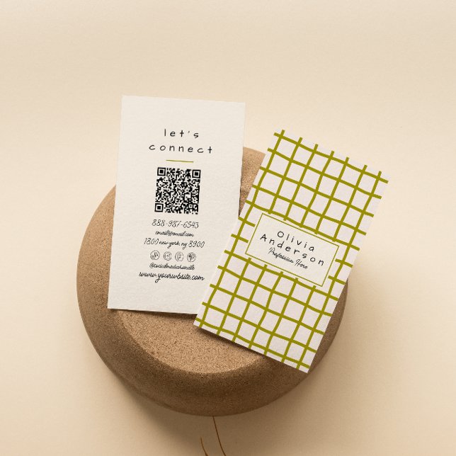 Retro Green Wavy Checkered Trendy Boho QR Code Business Card (Creator Uploaded)