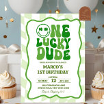 Retro Green Wavy Patricks Day Birthday Invitation<br><div class="desc">Green Wavy Patricks Day Birthday Invitation,  Retro Green Wavy Kids Birthday Invitation,  One Lucky Dude Kids Birthday Invitation,  Retro St Patricks Birthday Invitation</div>