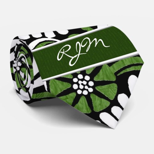 Retro Green White and Black Fern Leaf Monogram Neck Tie
