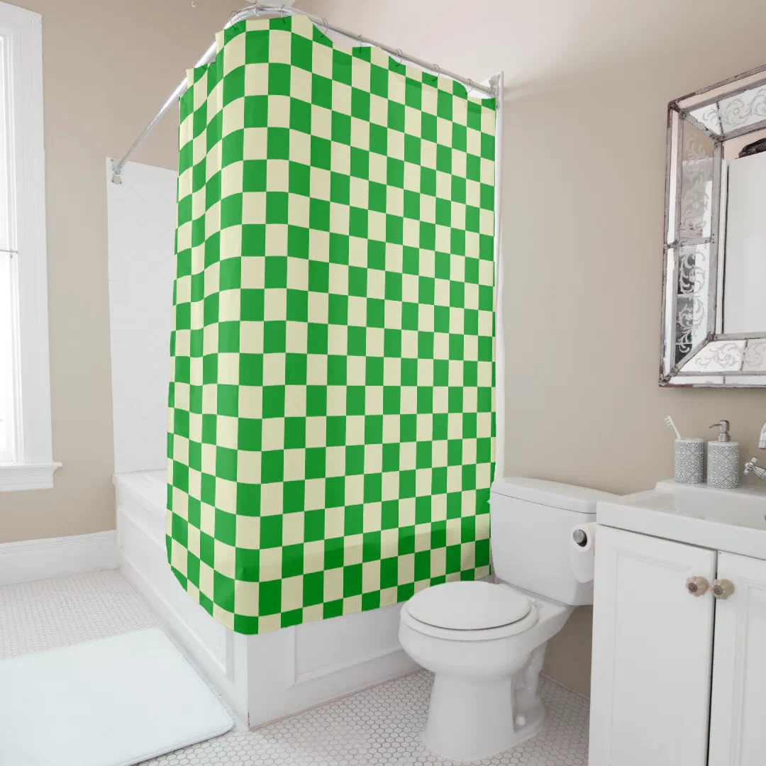 Retro Green White Checks Checkerboard Checkered Shower Curtain (In Situ)