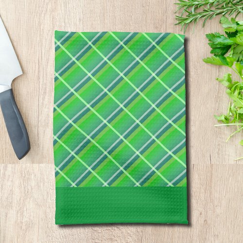 Retro Green White Horizontal Plaid Pattern Kitchen Towel