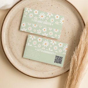 Retro Green White QR Code Groovy Floral Unique Fun Business Card