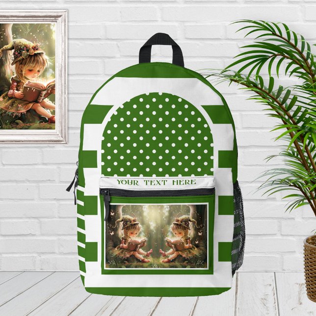Retro Green White Striped Artistic Photo Printed Backpack (Green and white backpack featuring a retro striped design with polka dots and your custom photo)