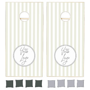 Retro Green White Stripes Custom Business Logo Cornhole Set
