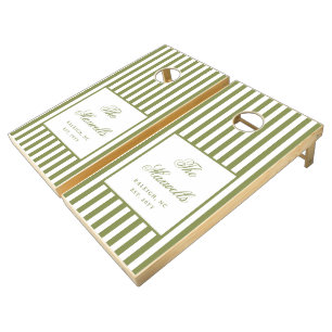 Retro Green White Stripes Personalized Wedding Cornhole Set