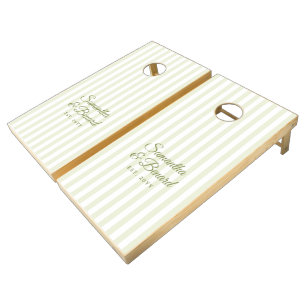 Retro Green White Stripes Personalized Wedding Cornhole Set