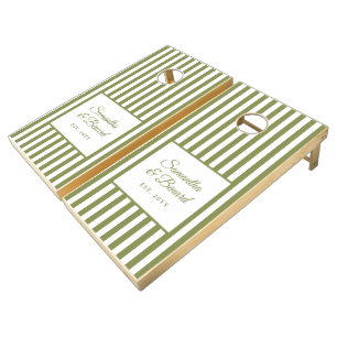Retro Green White  Stripes Personalized Wedding Cornhole Set