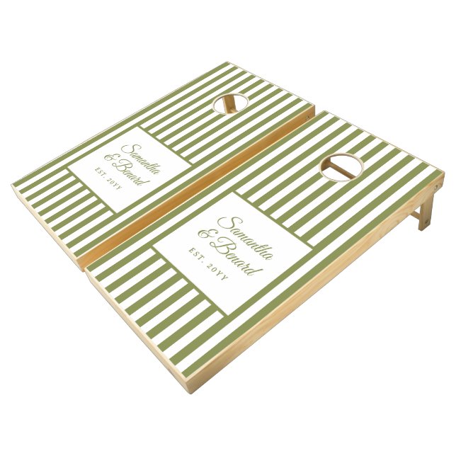 Retro Green White  Stripes Personalized Wedding Cornhole Set (Angled)