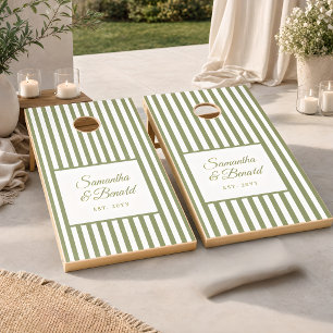 Retro Green White  Stripes Personalized Wedding Cornhole Set