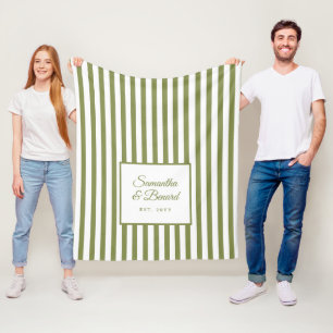 Retro Green White Stripes Personalized Wedding Fleece Blanket