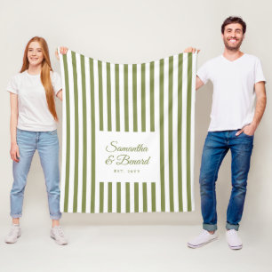 Retro Green White Stripes Personalized Wedding Fleece Blanket