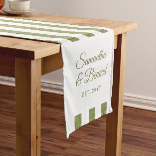 Retro Green White Stripes Personalized Wedding Short Table Runner