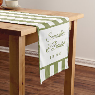 Retro Green White Stripes Personalized Wedding Short Table Runner