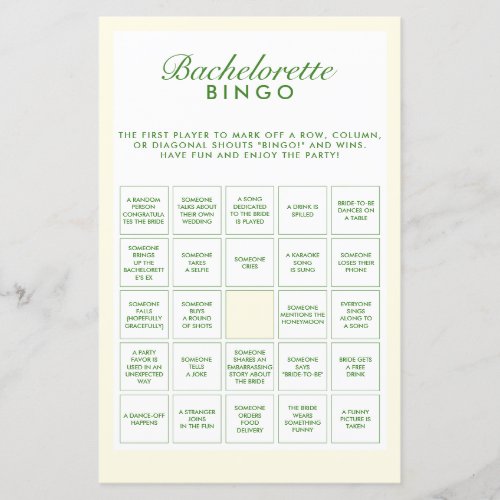 Retro Green  Yellow Bachelorette Bingo Game