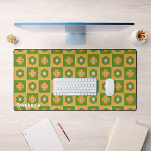 Retro Green Yellow Groovy Flower Script Name Desk Mat