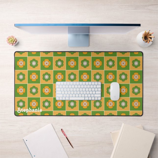 Retro Green Yellow Groovy Flower Script Name Desk Mat (Office 1)