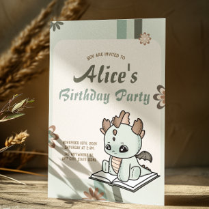 Retro Green Yellow Pastel Baby Dragon Birthday Invitation