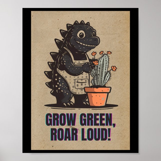 Retro Greenzilla – Cute Godzilla Gardening Sticker Poster (Front)