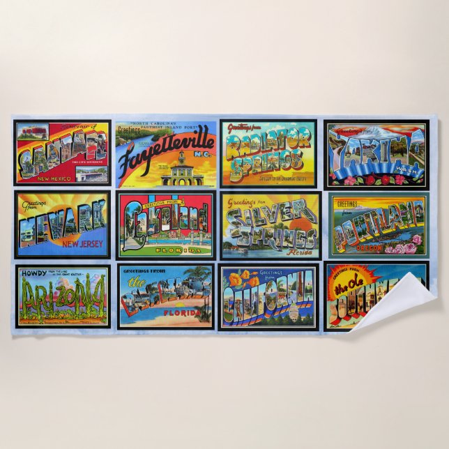 Retro Greetings From USA States Beach Towel (Front)