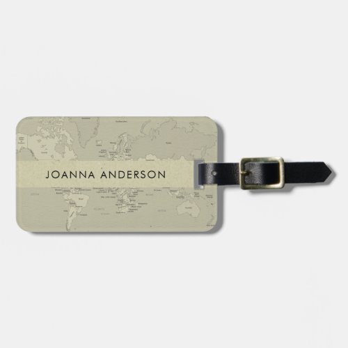 RETRO GREY BEIGE VINTAGE WORLD MAP PERSONALIZED LUGGAGE TAG