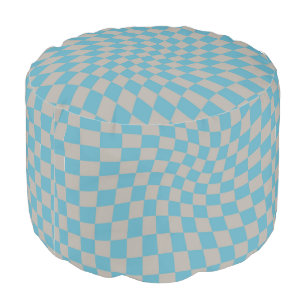 Retro Grey Blue Groovy Warped Check Checkered  Pouf