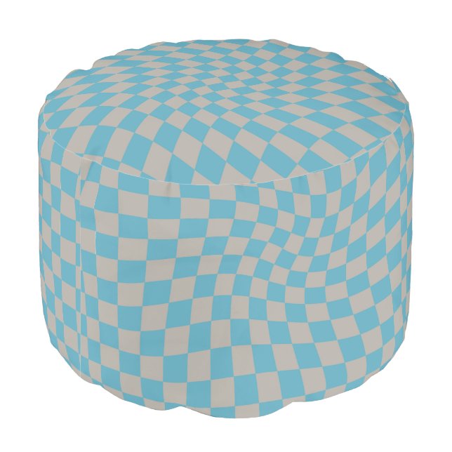Retro Grey Blue Groovy Warped Check Checkered  Pouf (Angled Back)