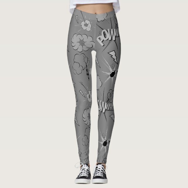 Retro Grey Comic Book Pattern Leggings (Front)