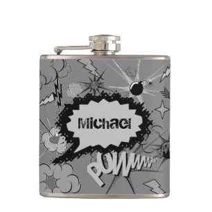 Retro Grey Custom Comic Book Pattern Personalised Flask