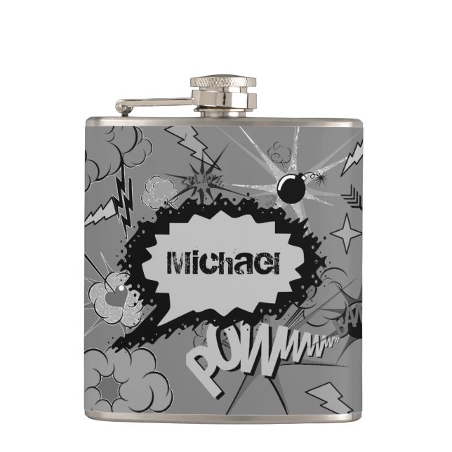 Retro Grey Custom Comic Book Pattern Personalised Flask (Front)