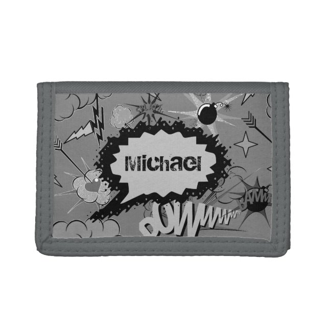 Retro Grey Custom Comic Book Pattern Personalised Trifold Wallet (Front)