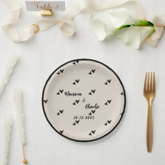 Retro Grey Hand Drawn Heart  Illustrated Wedding Paper Plates