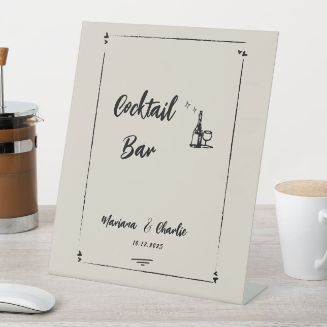 Retro Grey Hand Drawn Illustrated Cocktail Bar  Pedestal Sign (In SItu)