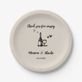 Retro Grey Hand Drawn Illustrated Wedding Paper Plates