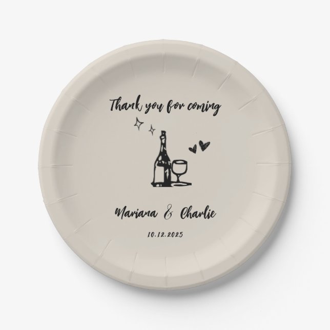 Retro Grey Hand Drawn Illustrated Wedding Paper Plates (Front)