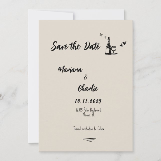 Retro Grey Hand Drawn Illustrated Wedding  Save The Date (Front)