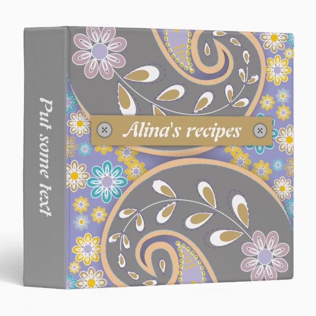 Retro grey, purple paisley colorful floral recipe binder (Front/Spine)