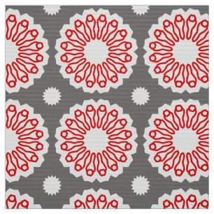 Retro Grey Red & White Ethnic Geometric Pattern Fabric