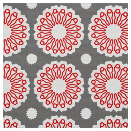 Retro Grey Red  White Ethnic Geometric Pattern Fabric