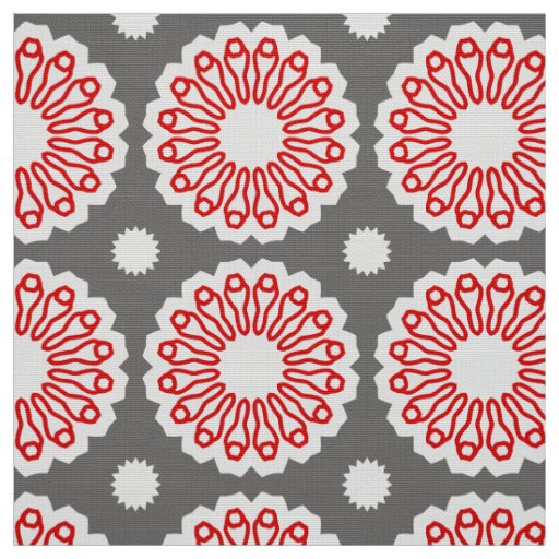 Retro Grey Red & White Ethnic Geometric Pattern Fabric