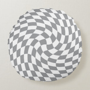 Retro Grey White Checks Warped Checkered Round Pillow