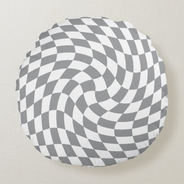 Retro Grey White Checks Warped Checkered Round Pillow (Front)