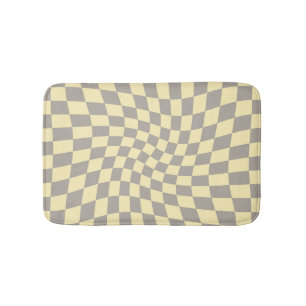 Retro Grey Yellow Checkered Warped Checkerboard  Bath Mat