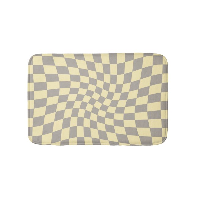 Retro Grey Yellow Checkered Warped Checkerboard  Bath Mat (Front)