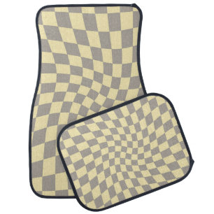 Retro Grey Yellow Checkered Warped Checkerboard  Car Floor Mat
