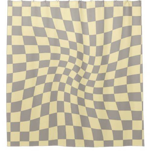Retro Grey Yellow Checks Warped Checkerboard Shower Curtain