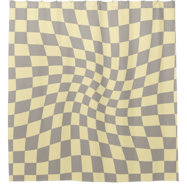 Retro Grey Yellow Checks Warped Checkerboard Shower Curtain (Front)