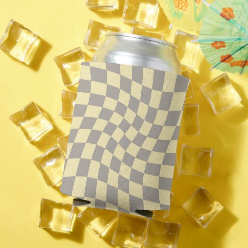 Retro Grey Yellow Pastel Warped Checkerboard   Can Cooler