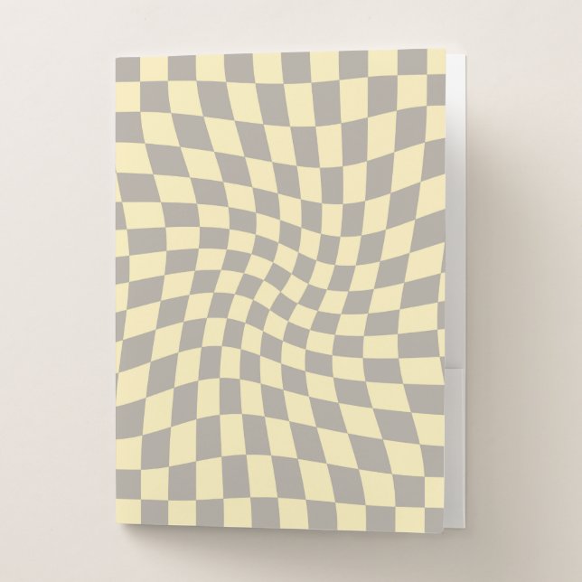 Retro Grey Yellow Pastel Warped Checkerboard Check Pocket Folder (Front)