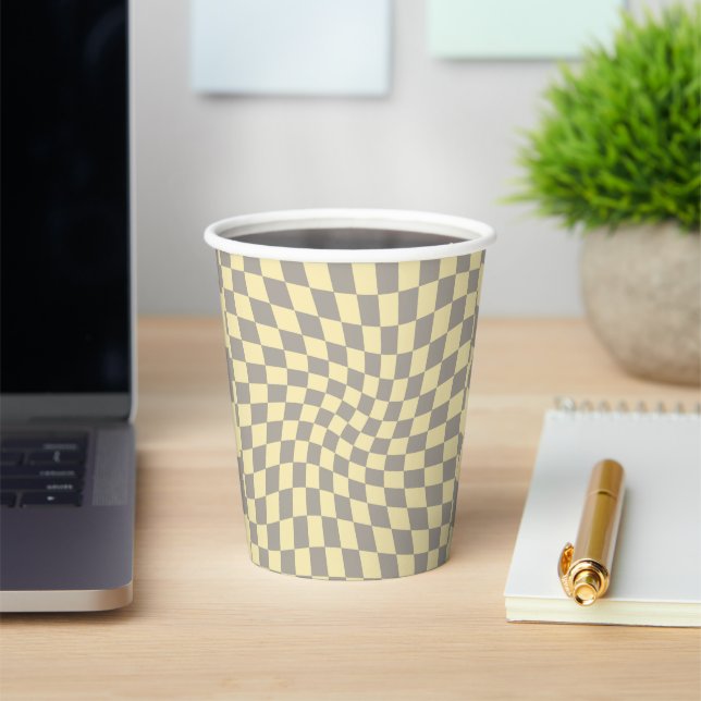 Retro Grey Yellow Pastel Warped Checkerboard   Paper Cups (Insitu)