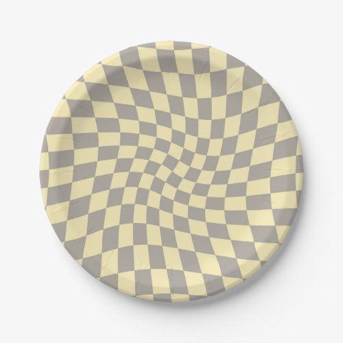 Retro Grey Yellow Pastel Warped Checkerboard    Paper Plates